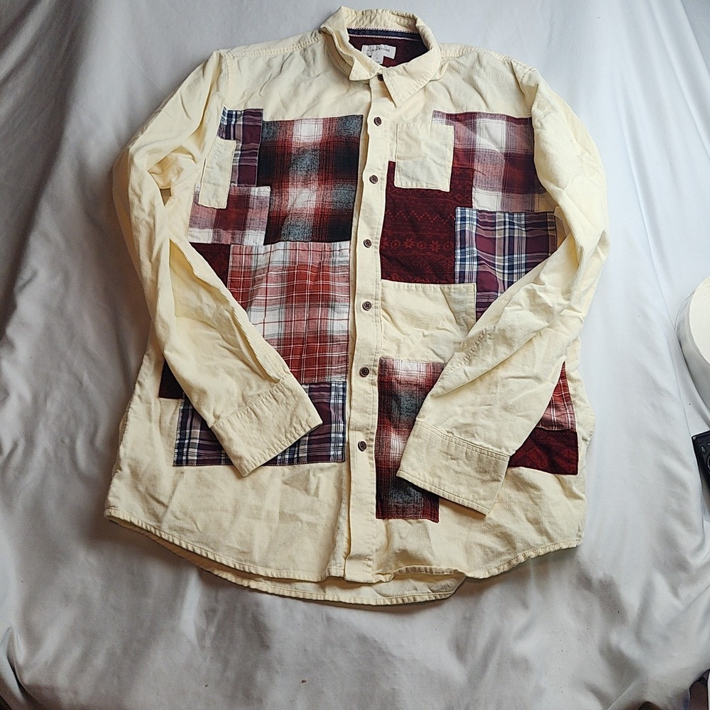 Sun + Stone Patchwork Corduroy Button-Down Shirt Cream Plaid Men's Size Large